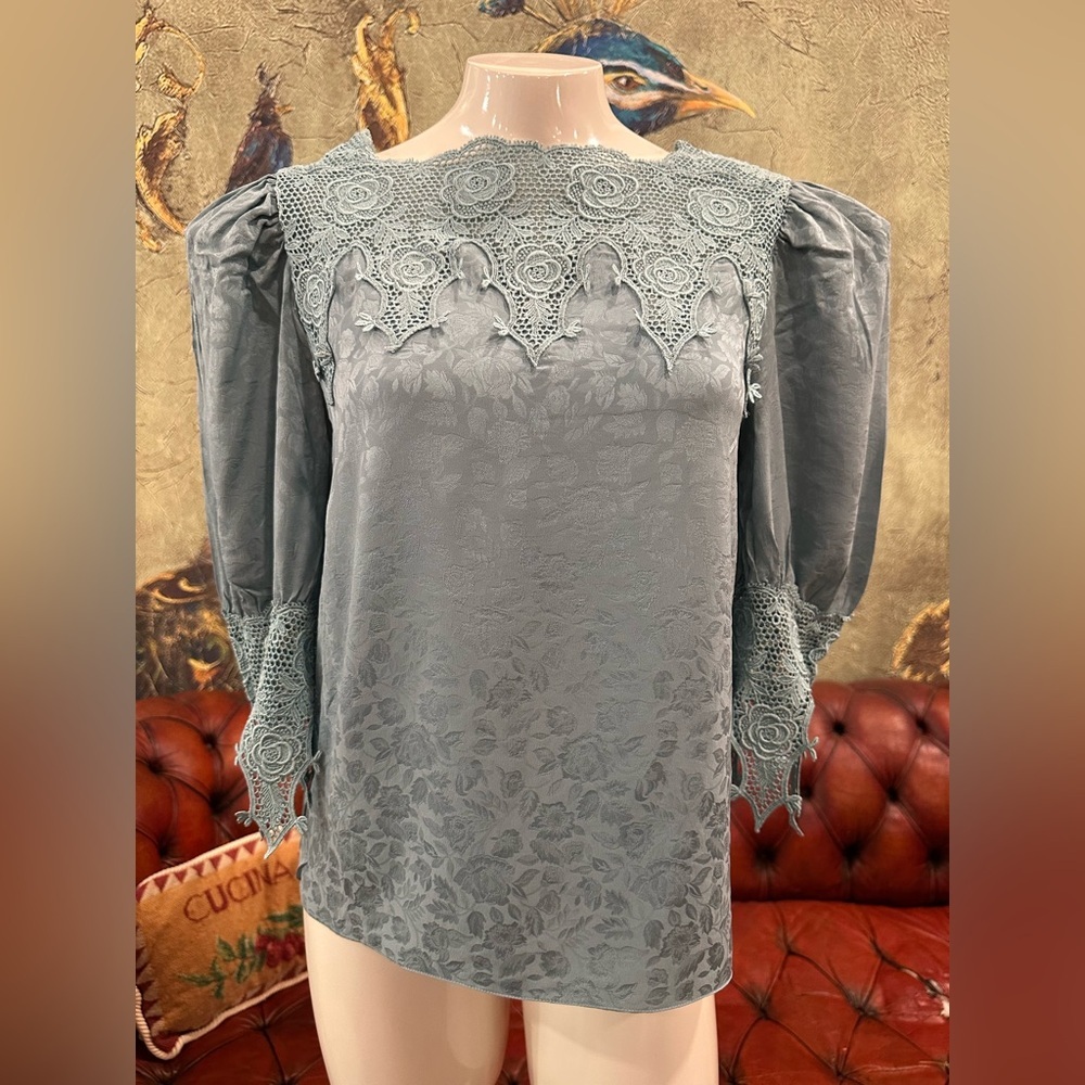 VINTAGE teal silver gray satin Embellished Blouse with Puff Sleeves